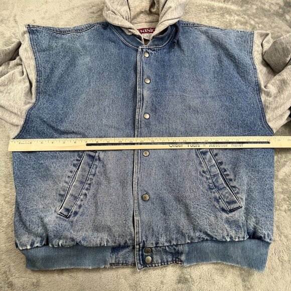 Basic Bomber Jean Trucker Jacket Men's XL Blue Denim Hooded Snap Button RN 90163 - Picture 4 of 16